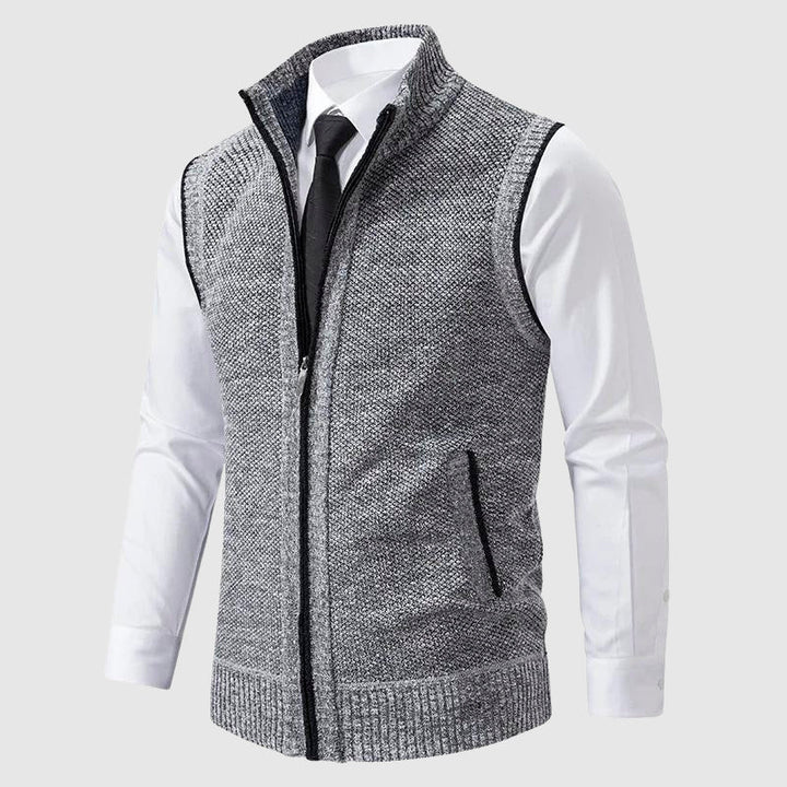 Jasper grey zip-up sweater vest with stand collar, front view