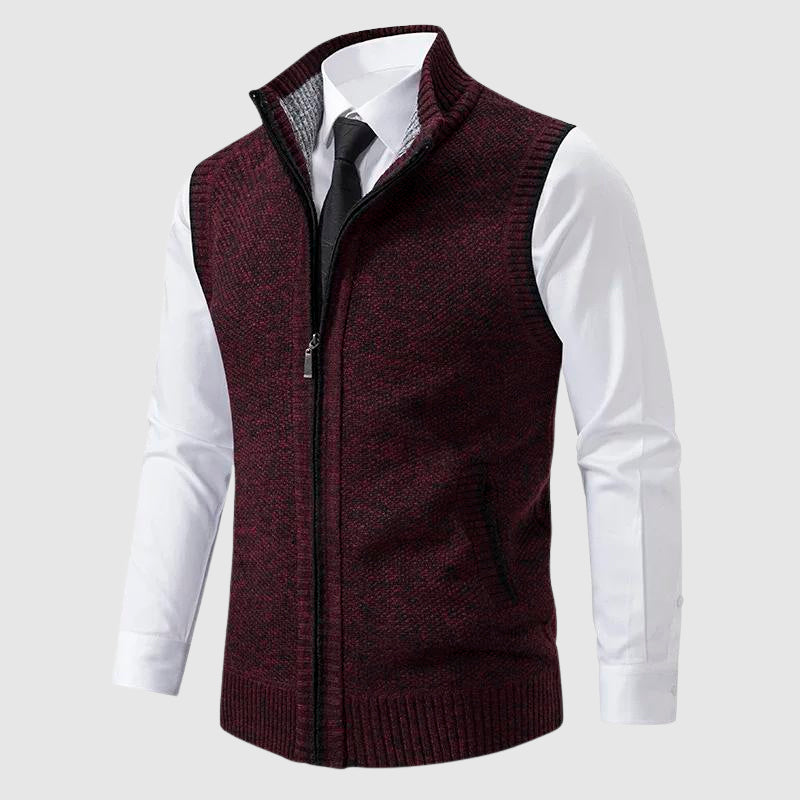 Jasper burgundy zip-up sweater vest with stand collar, front view