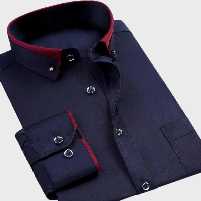 Julian contrast collar shirt in navy with red collar and cuff trim, folded front view