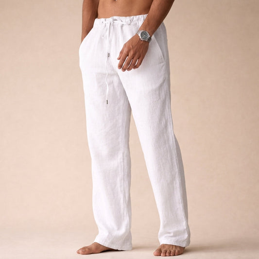 Julian drawstring linen trousers in white, front view