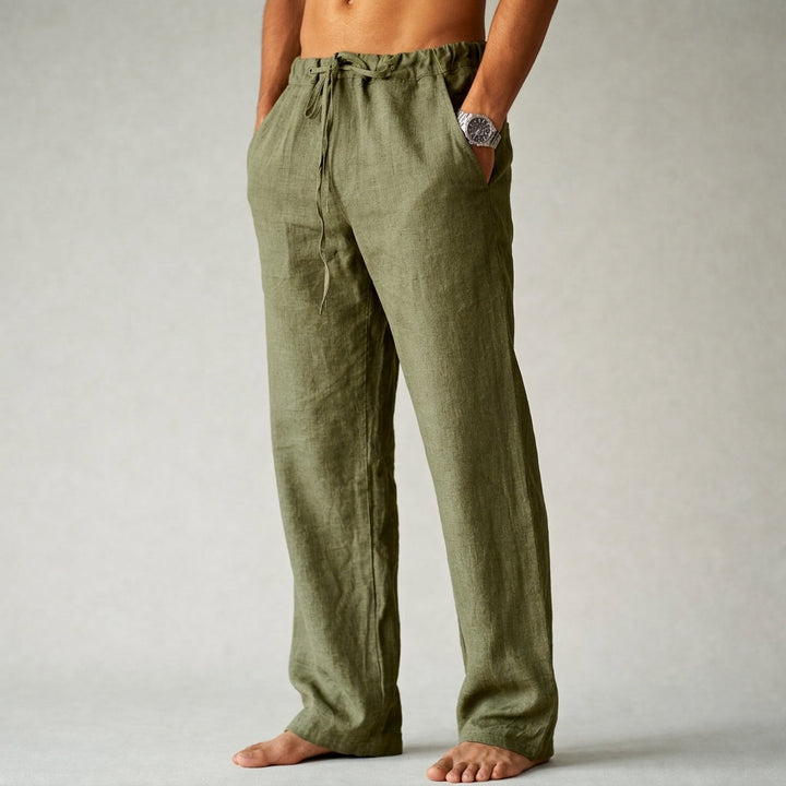 Julian drawstring linen trousers in olive green, side view