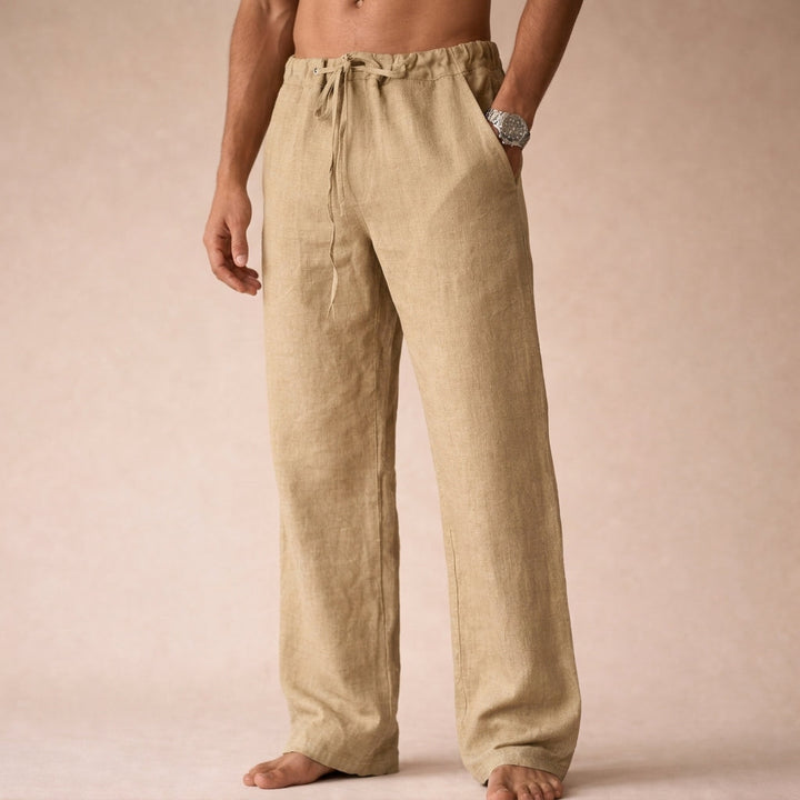 Julian drawstring linen trousers in beige, front view