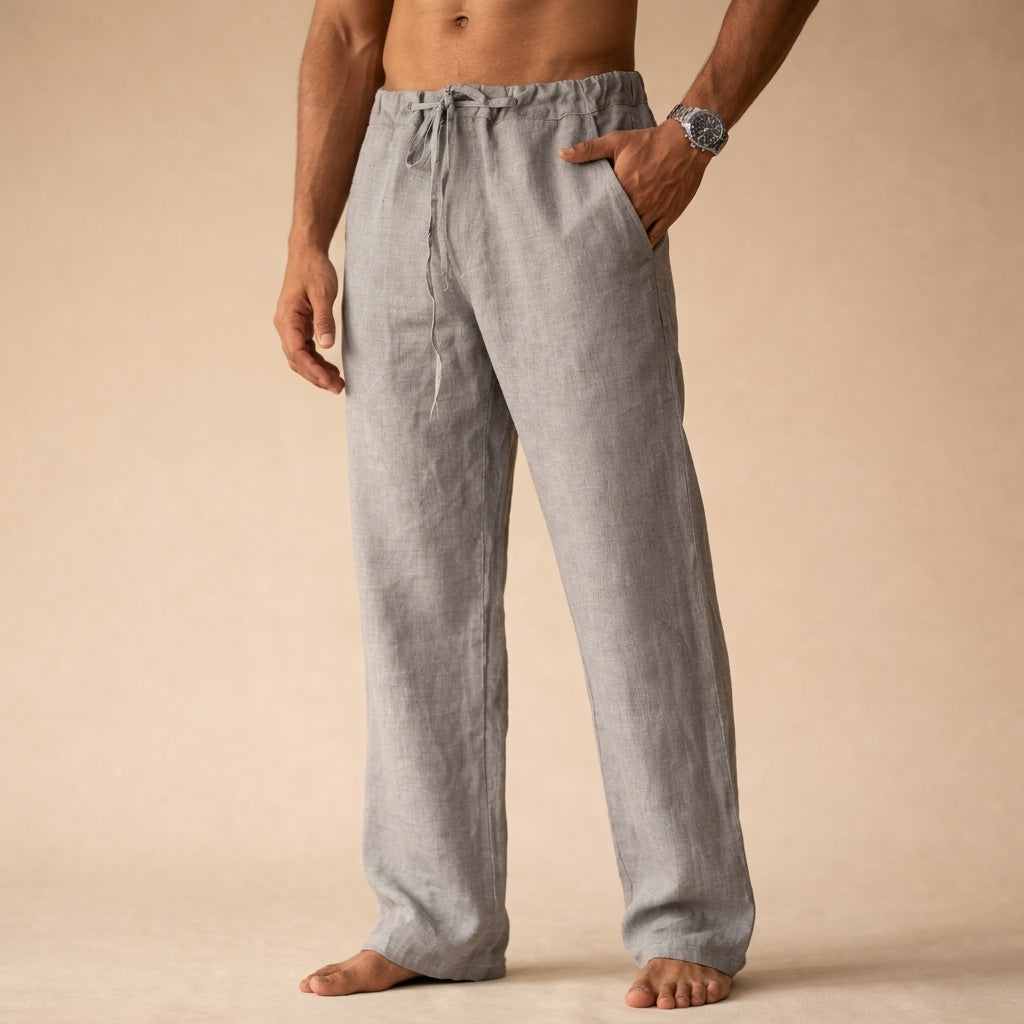 Julian drawstring linen trousers in grey, front view