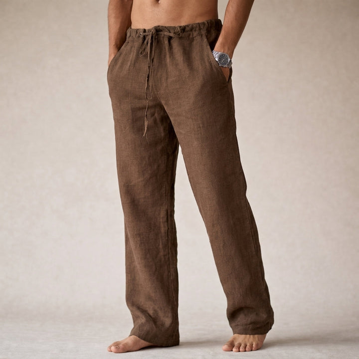 Julian drawstring linen trousers in brown, front view