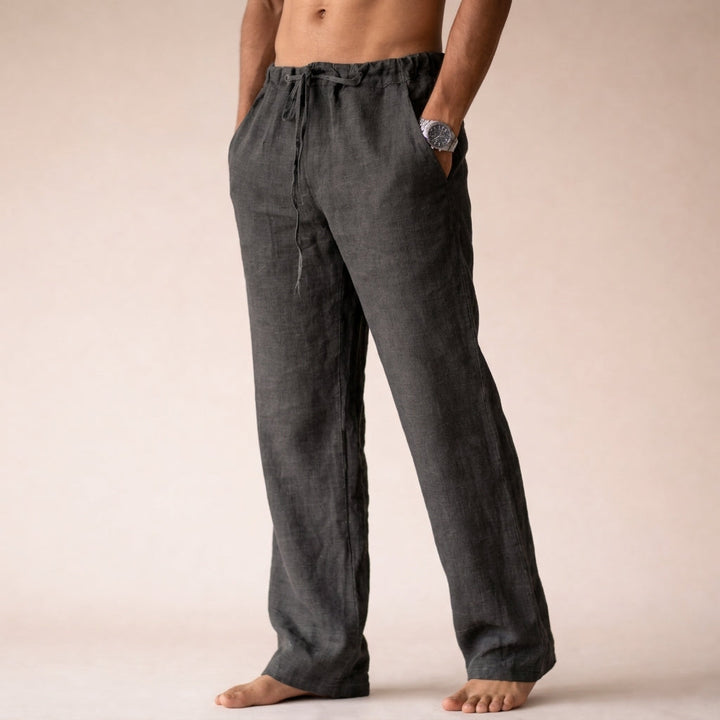Julian drawstring linen trousers in dark grey, side view