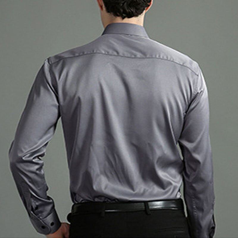 Back view of the grey Julian stretch dress shirt