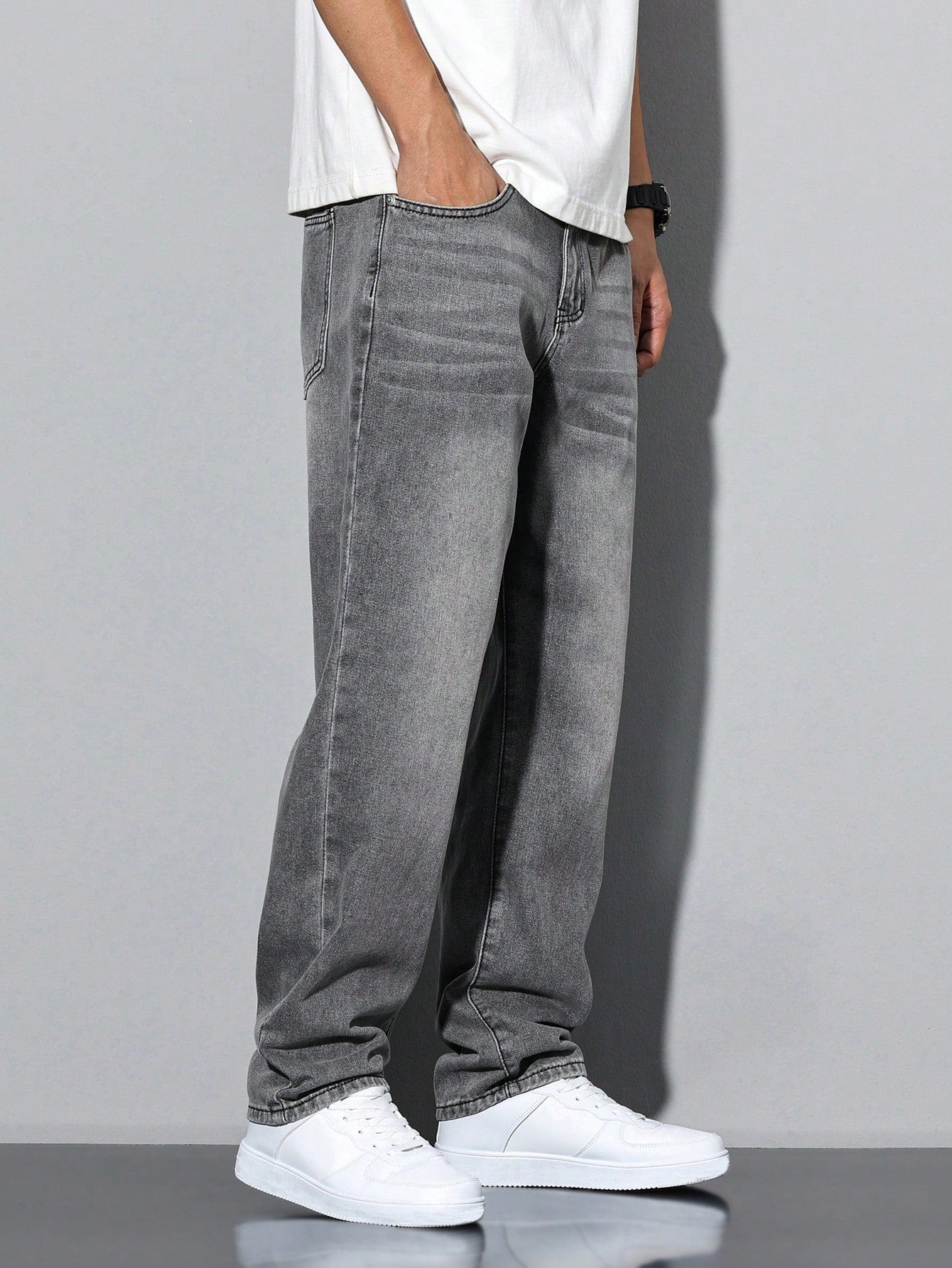 Lars men's washed straight leg jeans in grey, side view walking