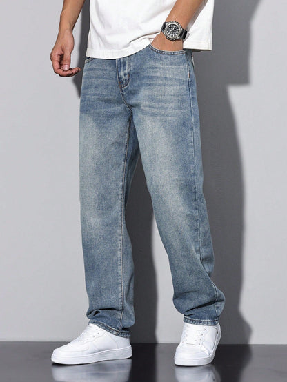 Lars men's washed straight leg jeans in light blue, side view walking