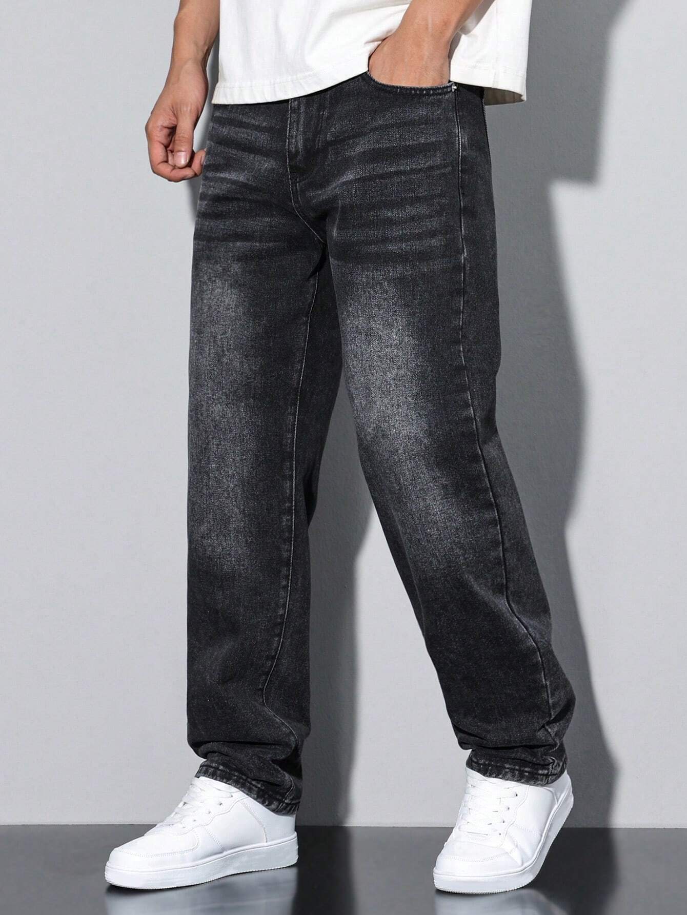 Lars men's washed straight leg jeans in black, side view walking