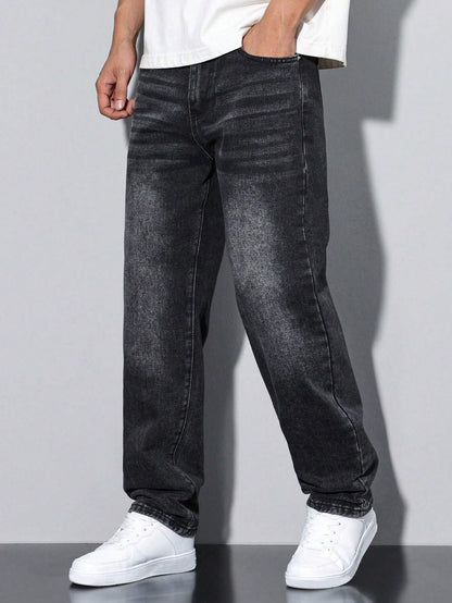 Lars men's washed straight leg jeans in black, side view walking