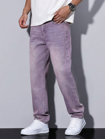Lars men's washed straight leg jeans in purple, side view with hand in pocket