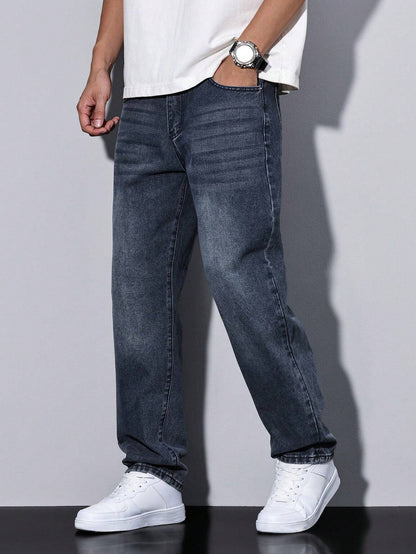 Lars men's washed straight leg jeans in dark blue-grey, side view walking