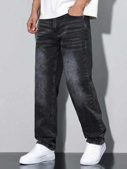 Lars men's washed straight leg jeans in black, side view with hand in pocket