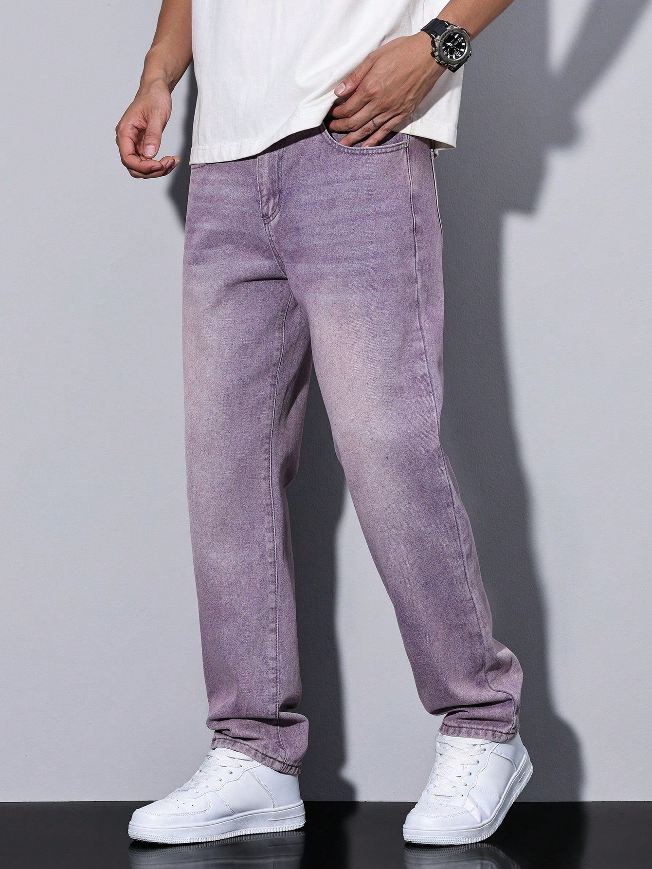 Lars men's washed straight leg jeans in purple, side view with hand in pocket