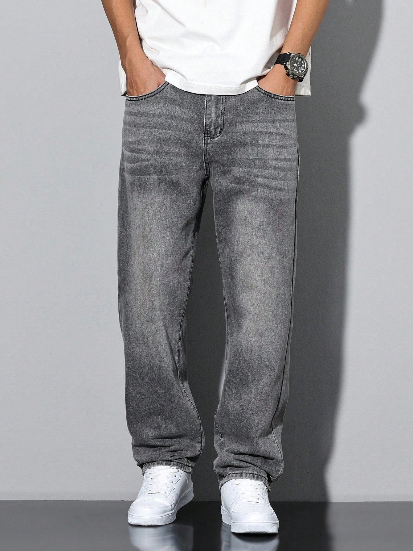 Lars men's washed straight leg jeans in grey, front view with hands in pockets
