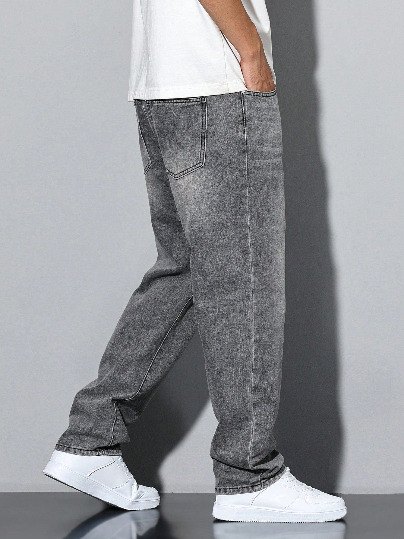 Lars men's washed straight leg jeans in grey, back view walking