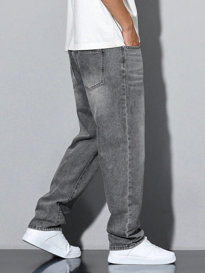 Lars men's washed straight leg jeans in grey, back view walking