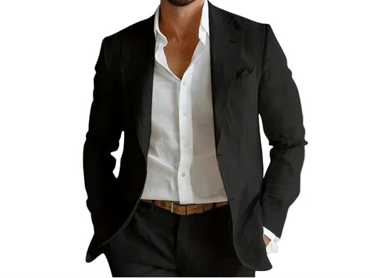 Leo notch lapel single-breasted linen blazer in black, front view