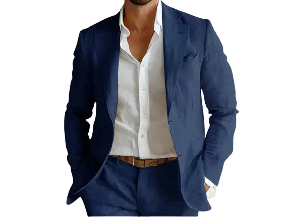 Leo notch lapel single-breasted linen blazer in navy, front view