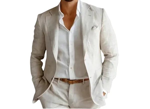 Leo notch lapel single-breasted linen blazer in beige, front view