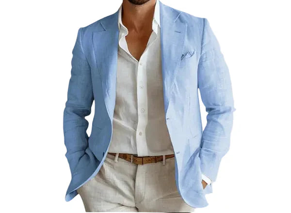 Leo notch lapel single-breasted linen blazer in light blue, front view