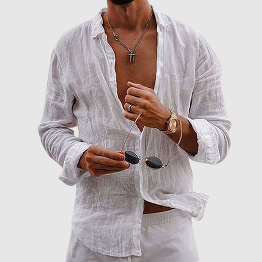 Lorenzo white linen button-down shirt, front view, open neck