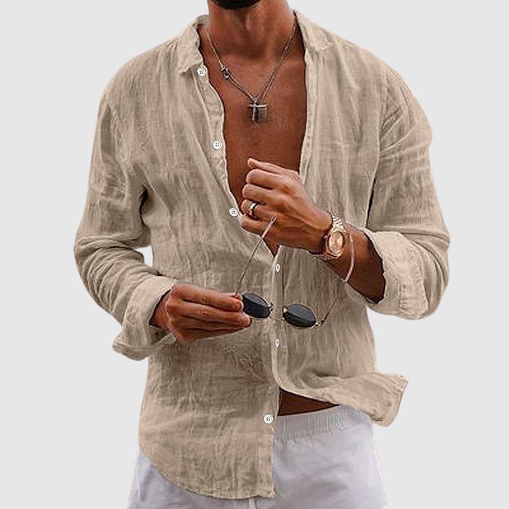 Lorenzo beige linen shirt with rolled sleeves, front view