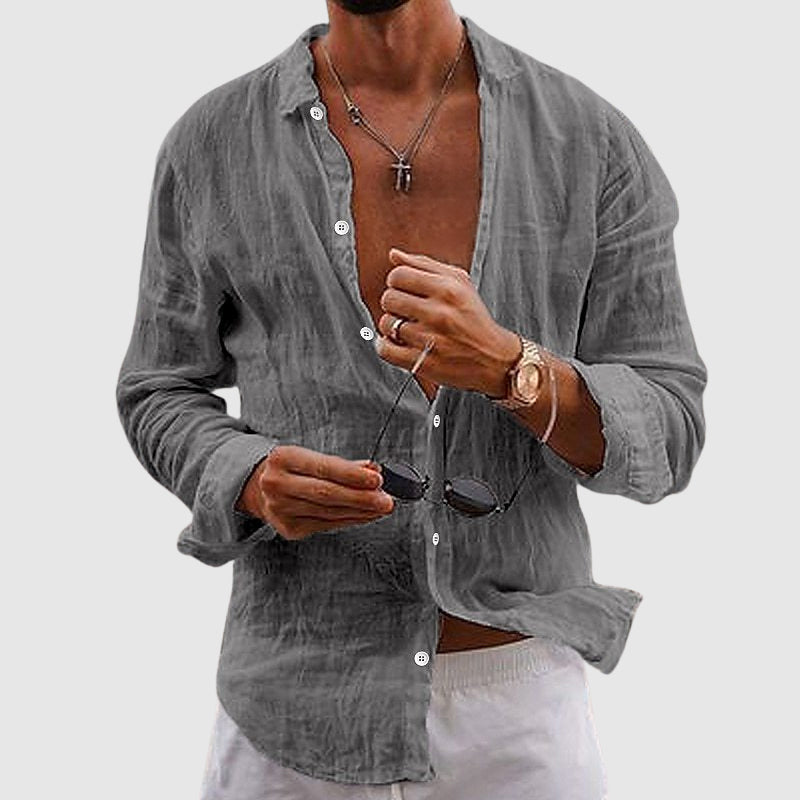 Lorenzo grey linen casual shirt, open-neck button-down