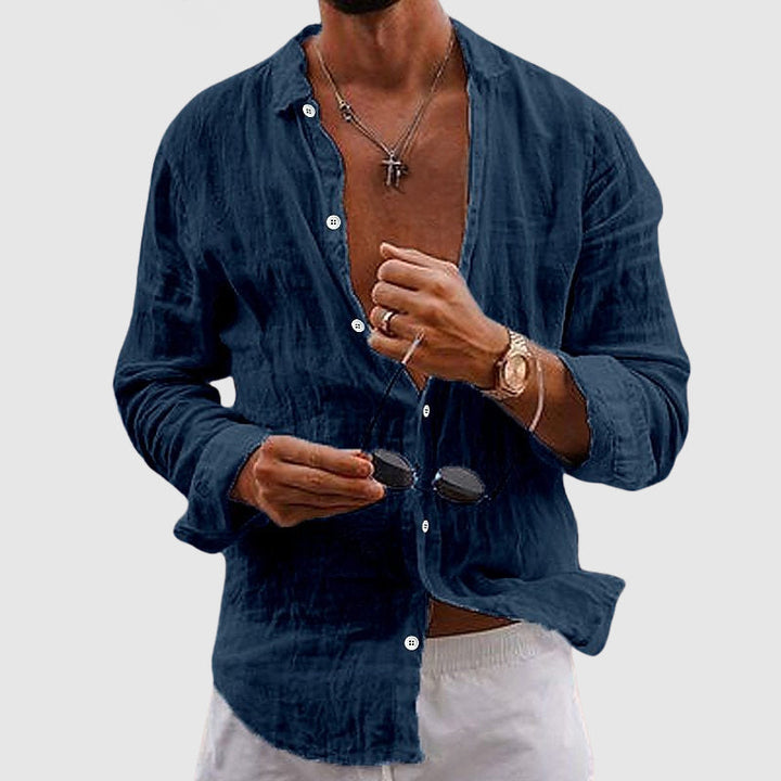 Lorenzo navy blue linen shirt, long sleeve front view