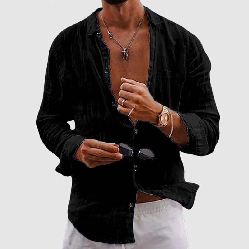 Lorenzo black linen shirt, relaxed fit front view