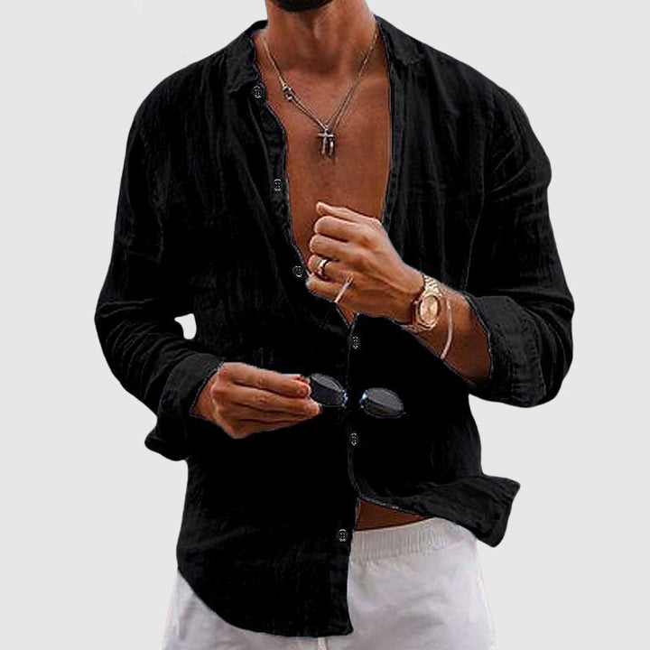 Lorenzo black linen shirt, relaxed fit front view