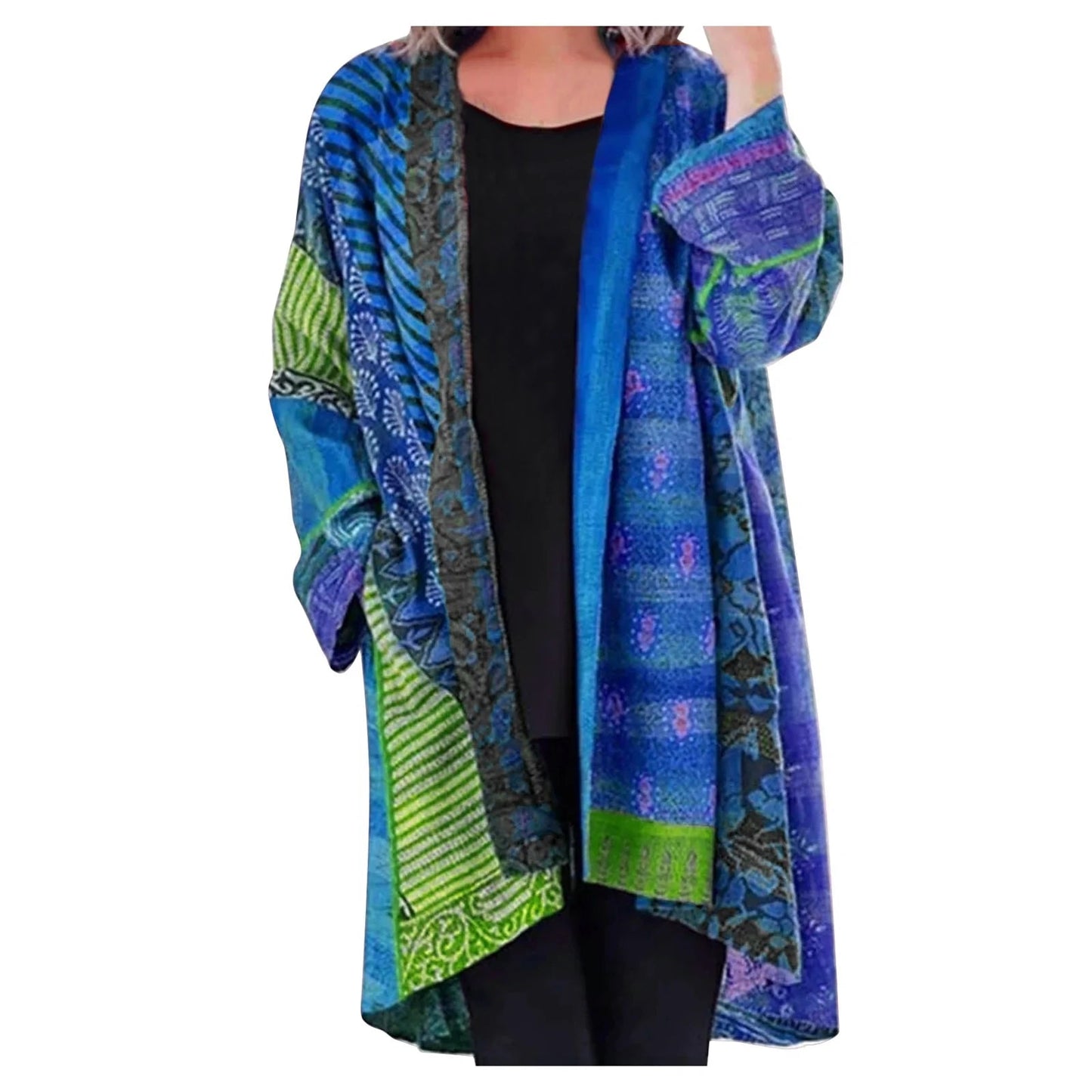 Margot vintage patchwork cardigan in blue tones, worn front view
