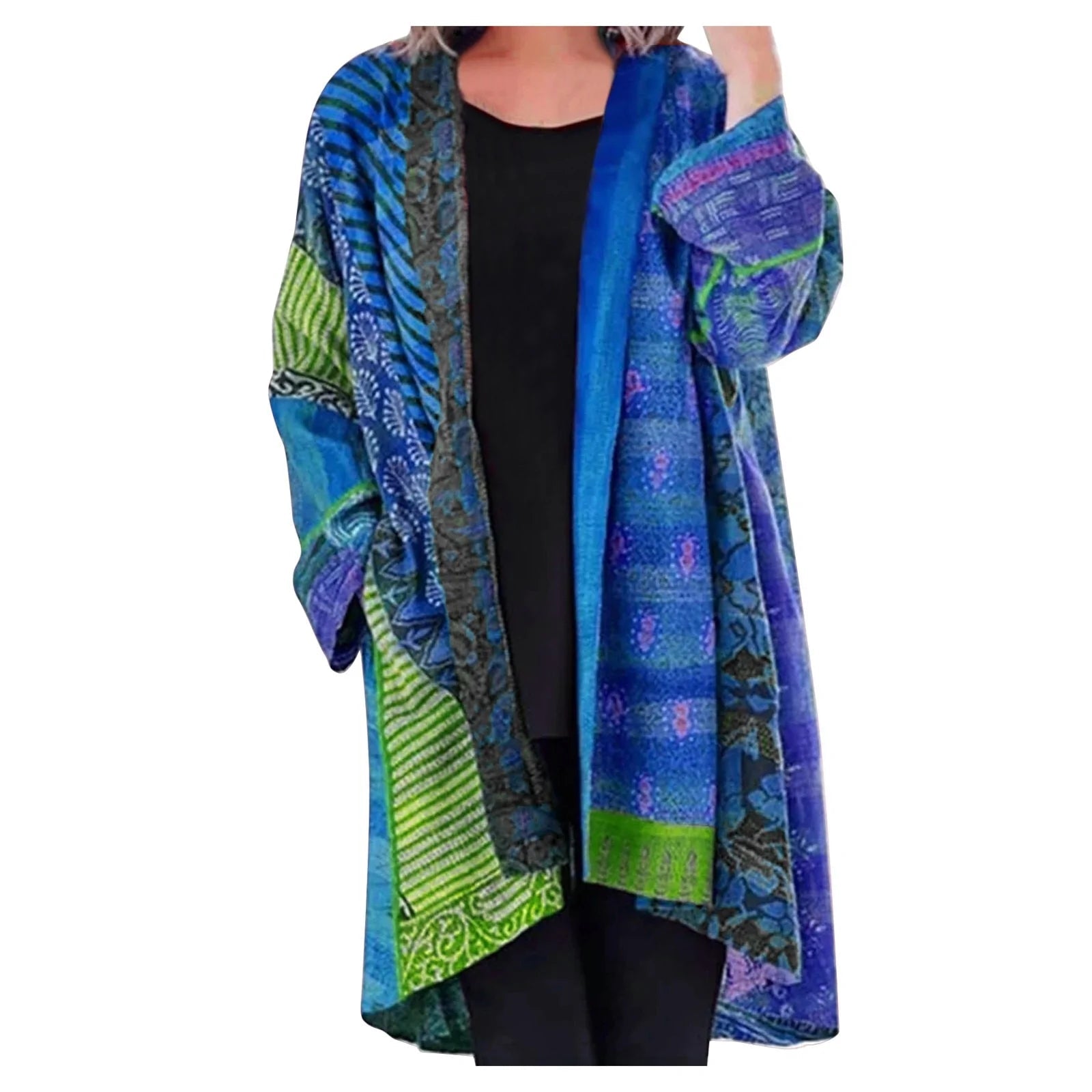Margot vintage patchwork cardigan in blue tones, worn front view