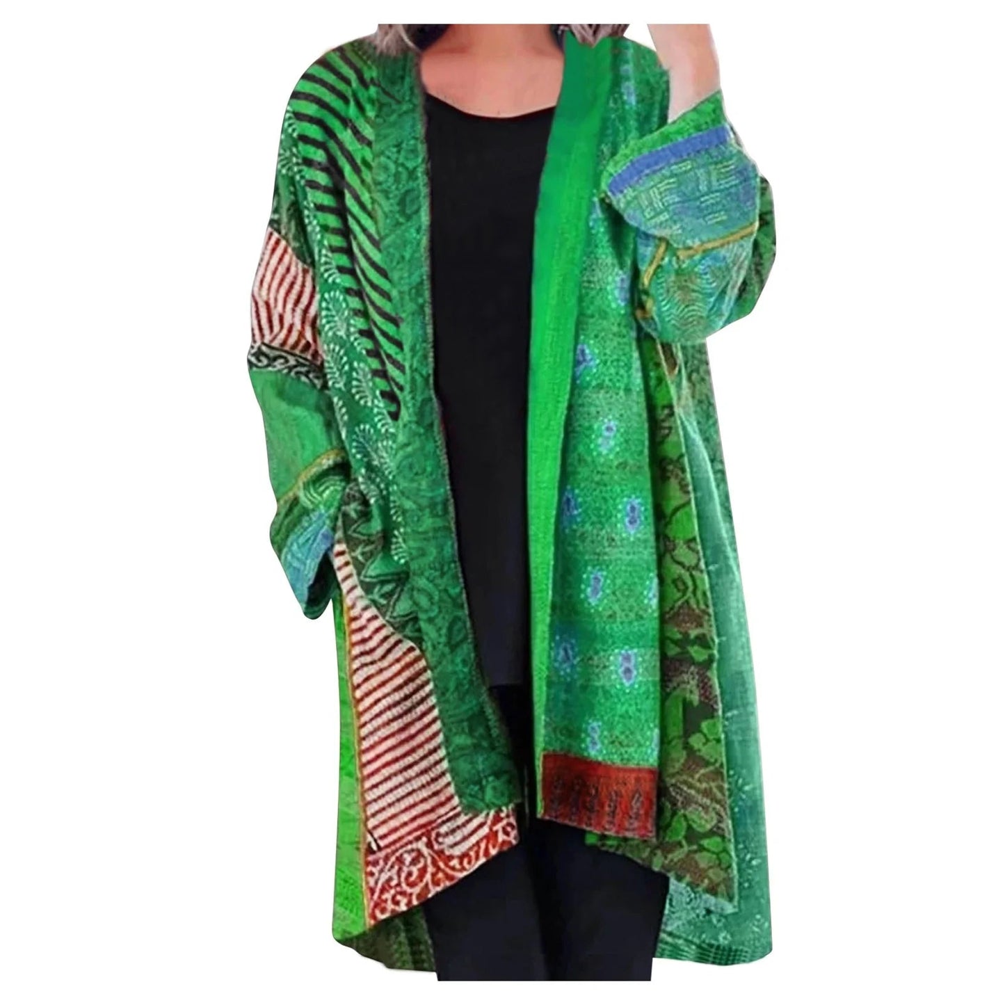 Margot vintage patchwork cardigan in green tones, worn front view