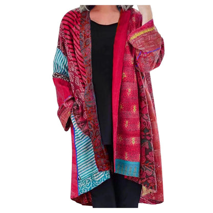 Margot vintage patchwork cardigan in red tones, worn front view