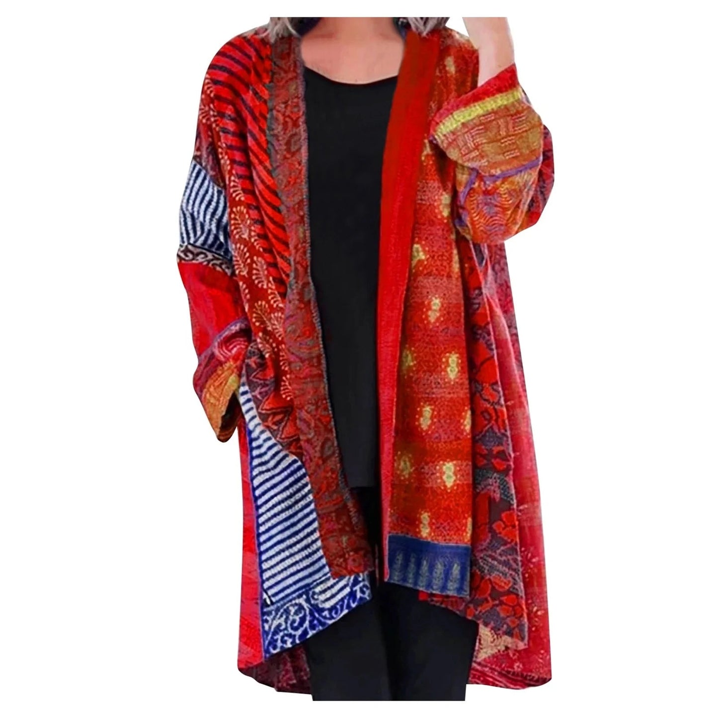 Margot vintage patchwork cardigan in orange tones, worn front view