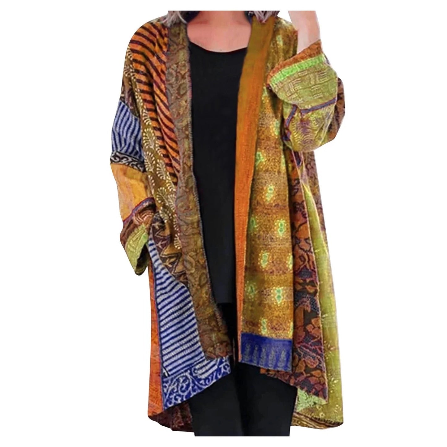 Margot vintage patchwork cardigan in mustard tones, worn front view