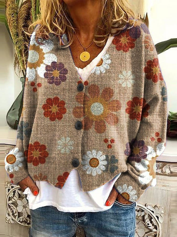 Margot floral print V-neck button-down cardigan, front view