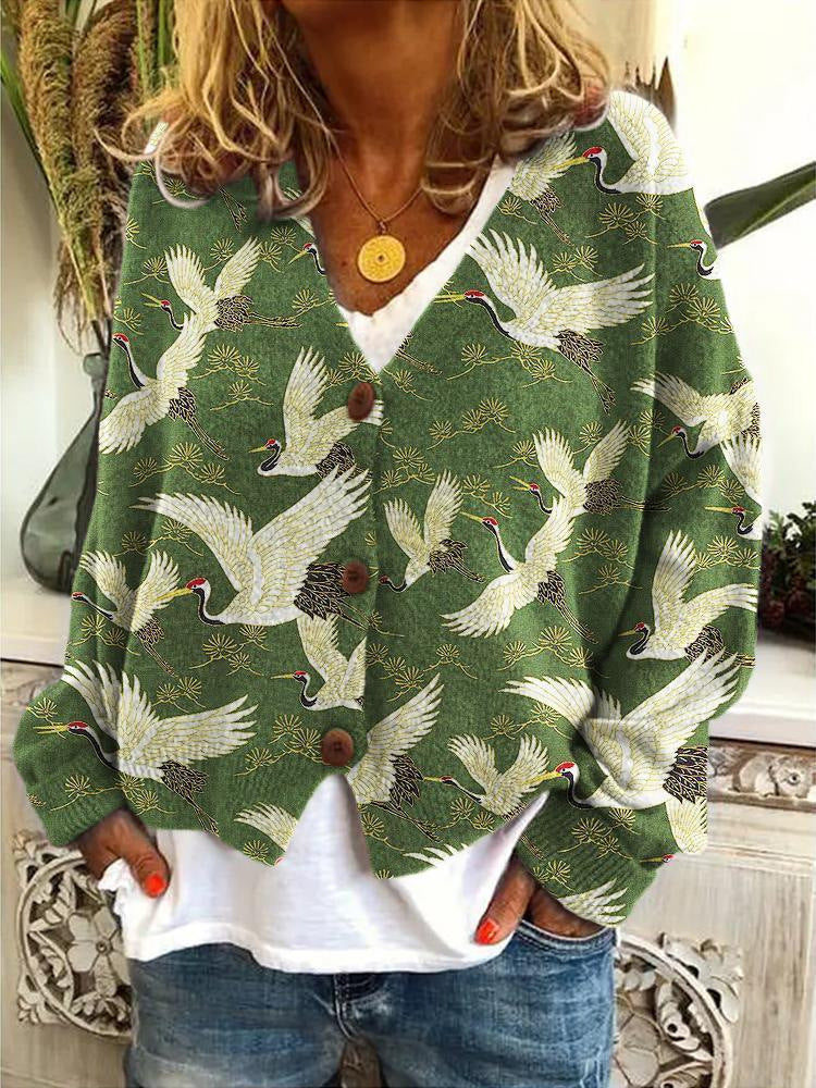 Margot crane print V-neck button-down cardigan, front view