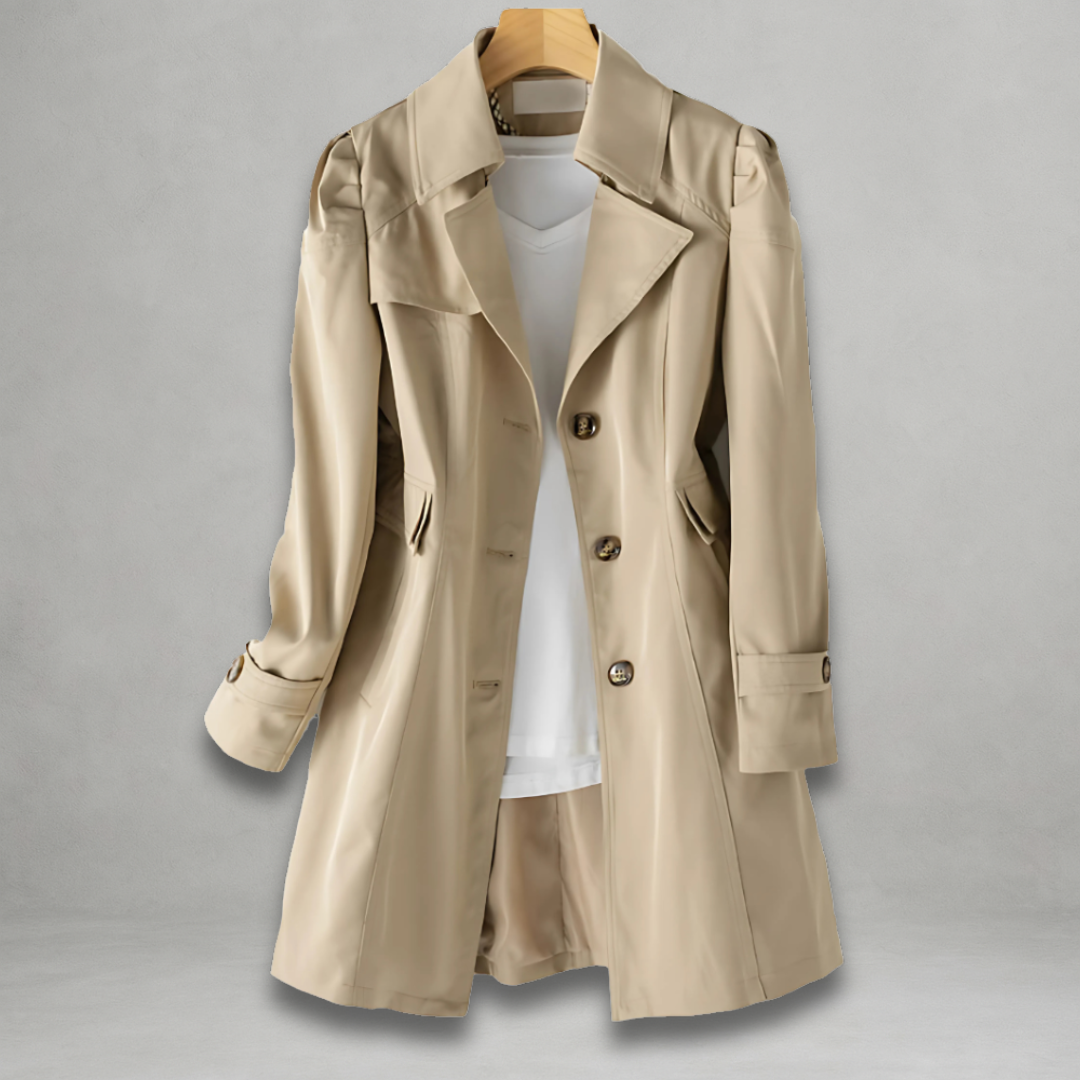 Margot trench coat front view on hanger with notched lapel and button closure