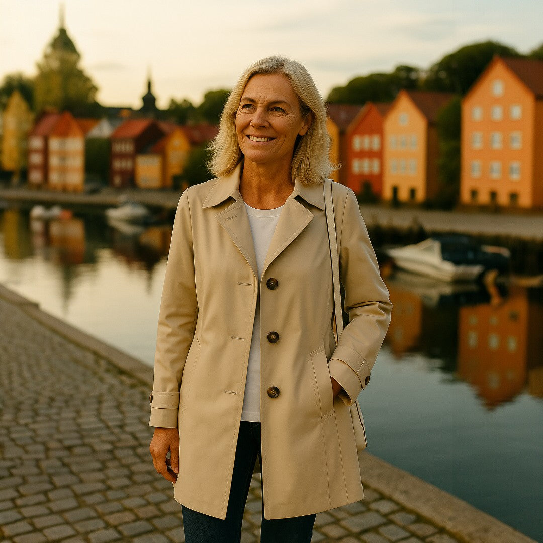 Woman wearing Margot trench coat outdoors near a harbourside