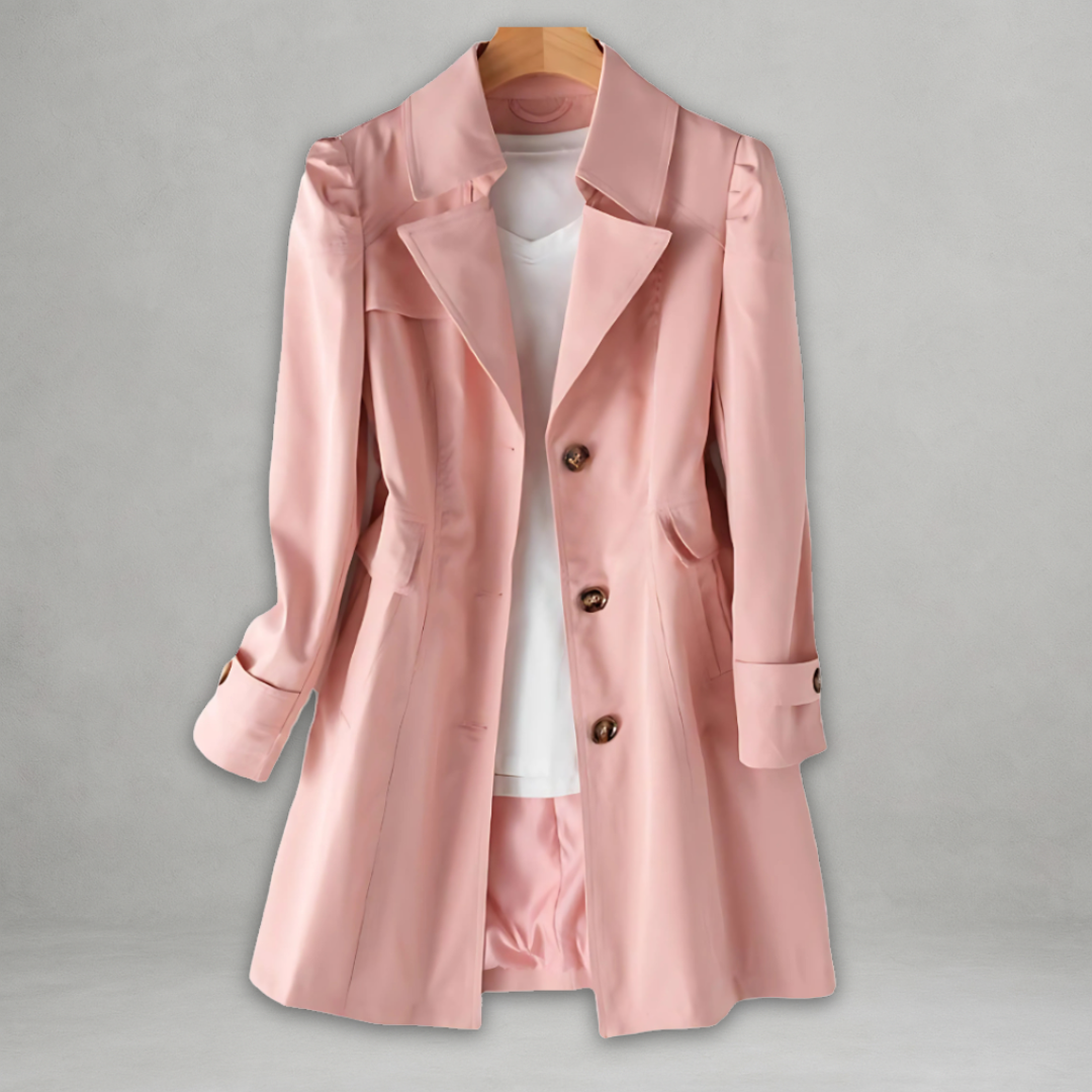 Margot trench coat in pink, front view on hanger