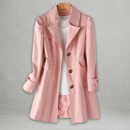 Margot trench coat in pink, front view on hanger