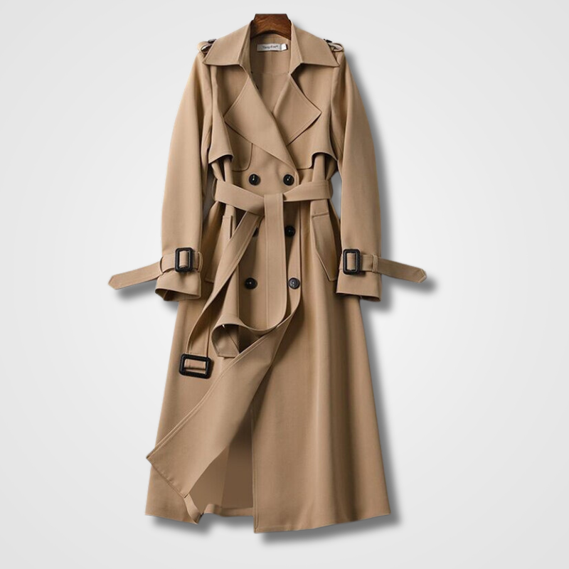 Margot double-breasted trench coat with tie belt, front view