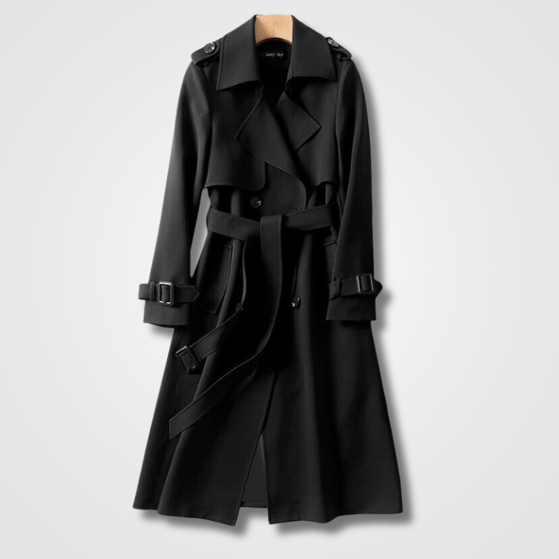 Margot belted trench coat in black, front view on hanger