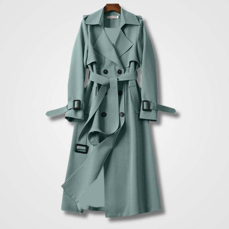 Margot double-breasted longline trench coat, front view