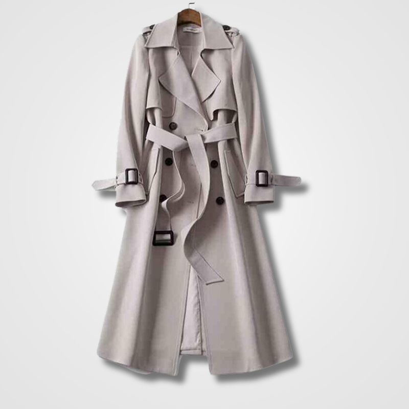 Margot tailored trench coat with notched lapel, front view