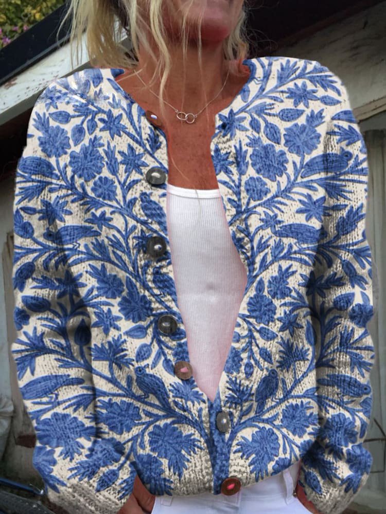 Margot floral printed knit cardigan in blue and cream, front view