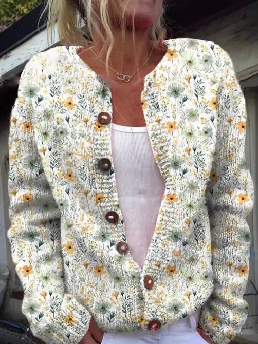Margot floral printed knit cardigan in yellow floral, front view