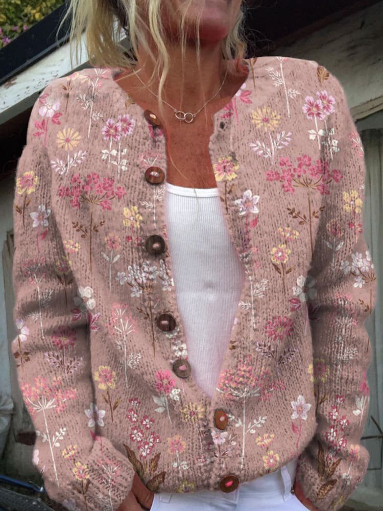 Margot floral printed knit cardigan in pink floral, front view